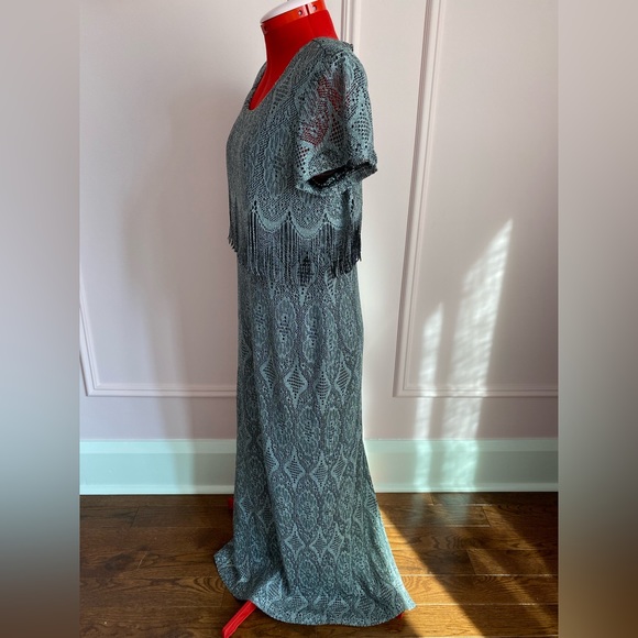 Vintage CARTISE Dress, Silver Crochet Knit, Maxi, Fringe, Black Lining, (US M) - Picture 5 of 16